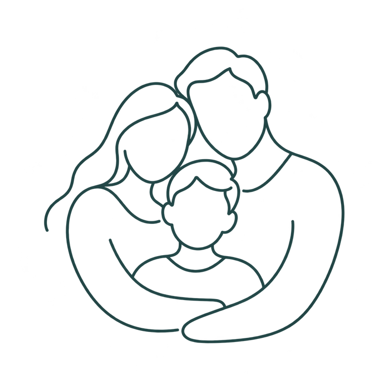 Simple line drawing of two parents embracing their child