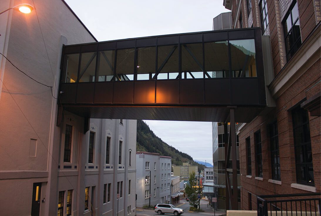 Sheltered walkway between buildings in Juneau, Alaska
