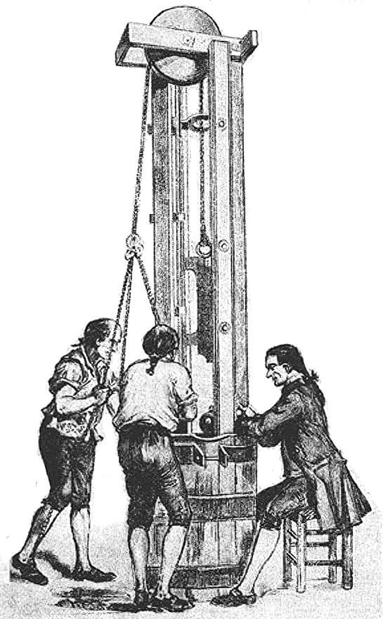 A black and white illustration of men working on a silver machine with great value.