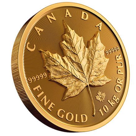 A gold coin with a maple leaf on it, minted in the historical context of coins.