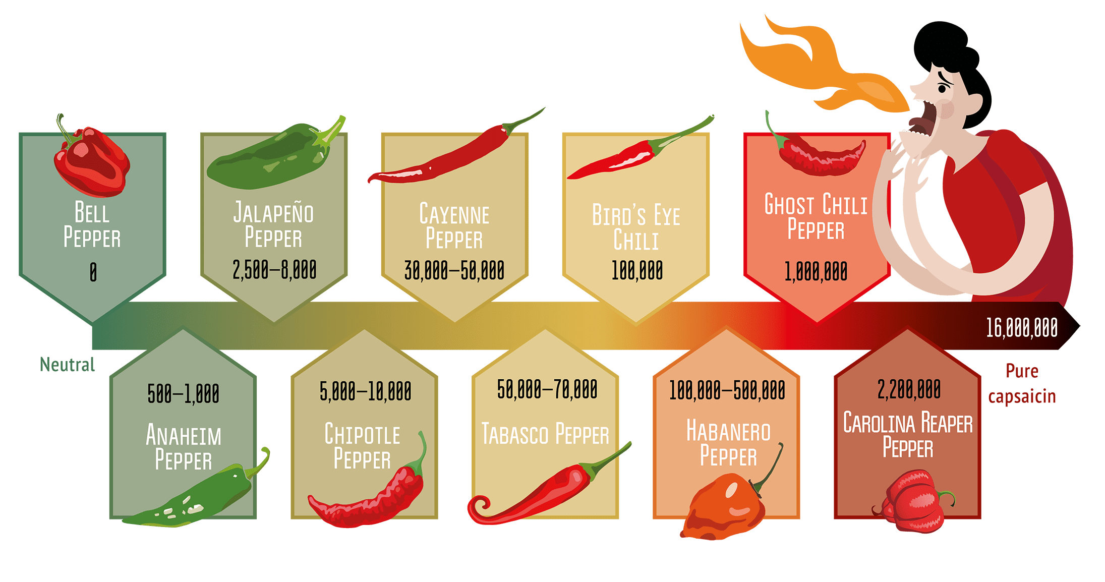 Scoville scale, used to assess the hotness of a pepper. The higher the Scoville score, the hotter the pepper or dish is.