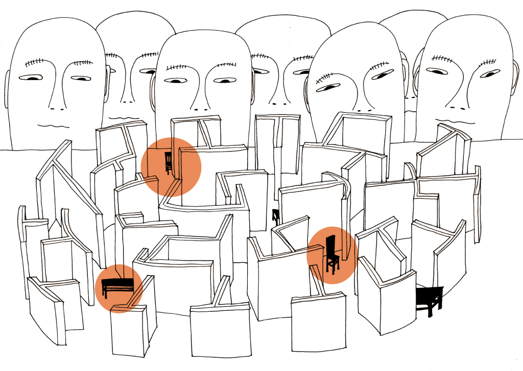 A drawing of a group of people in a circle.