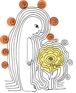 A drawing of a woman holding a flower.