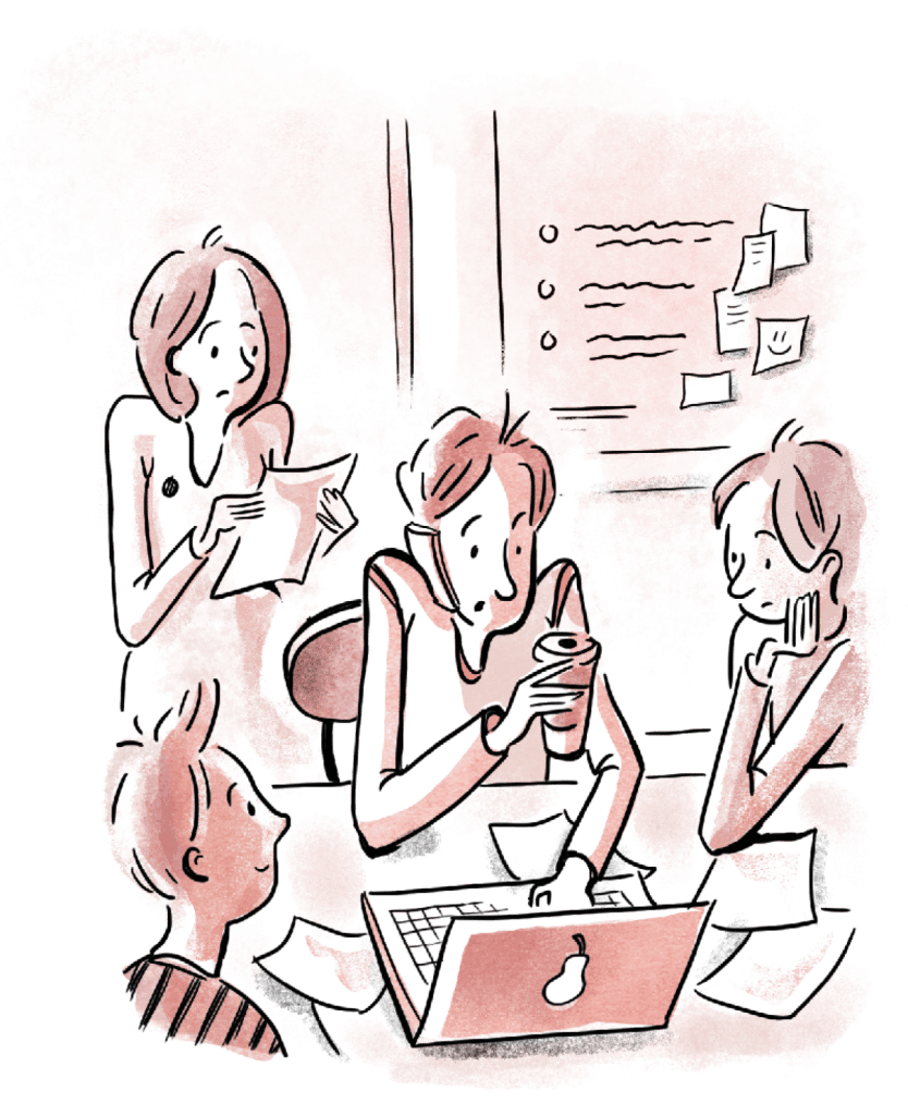 Books | An illustration of a group of people working on a laptop.