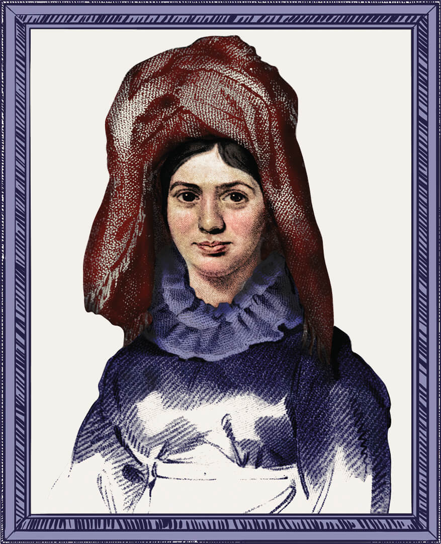 Princess Caraboo | A drawing of a woman wearing a red hat.