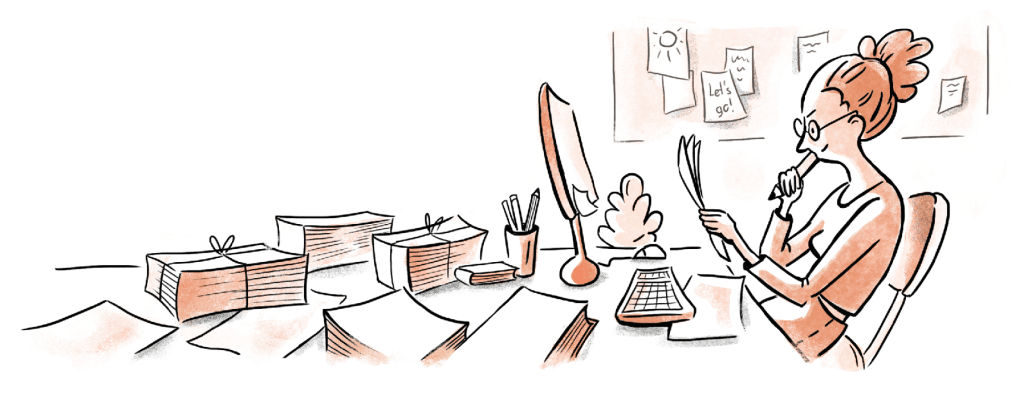 An illustration of a woman sitting at a table.