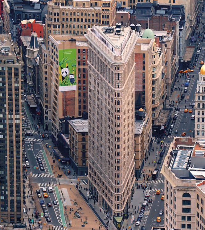 An aerial view of the flatiron building in new york city.