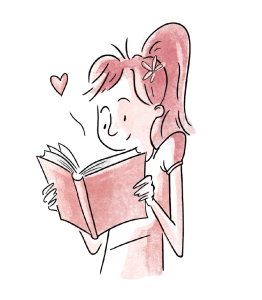 A girl with pink hair is reading a book.