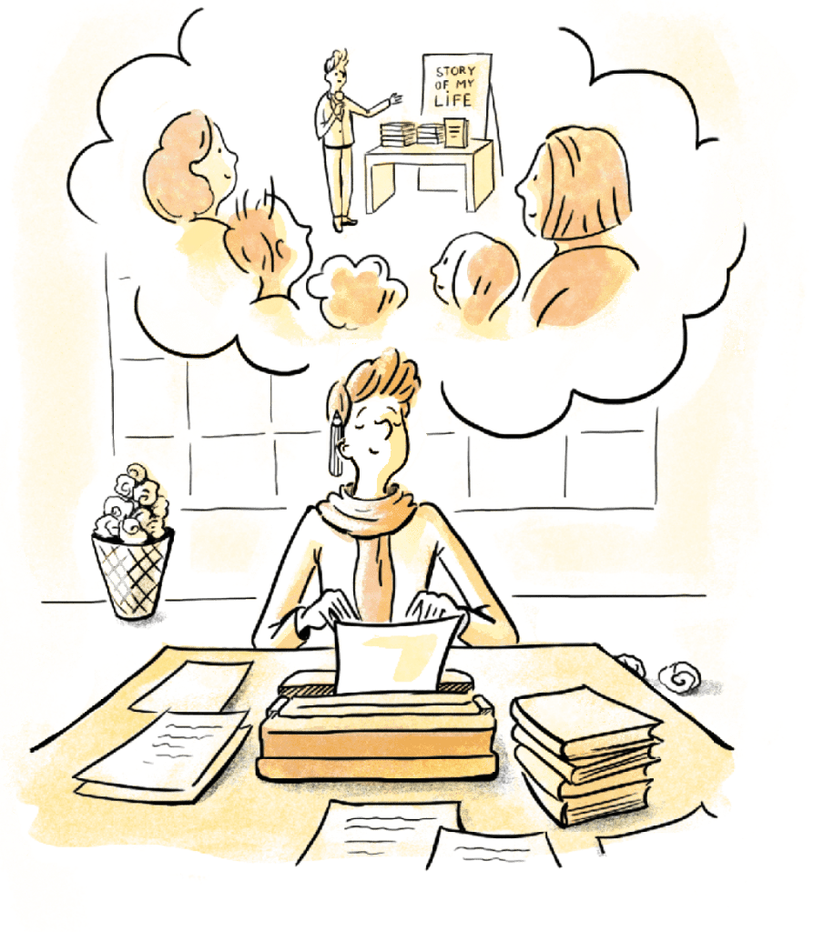Books | A cartoon illustration of a woman sitting at a desk.