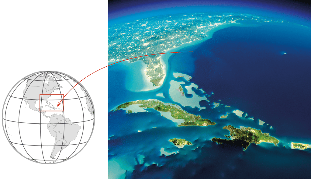 Geographic Mysteries | A map of the world with a red arrow pointing to the caribbean.