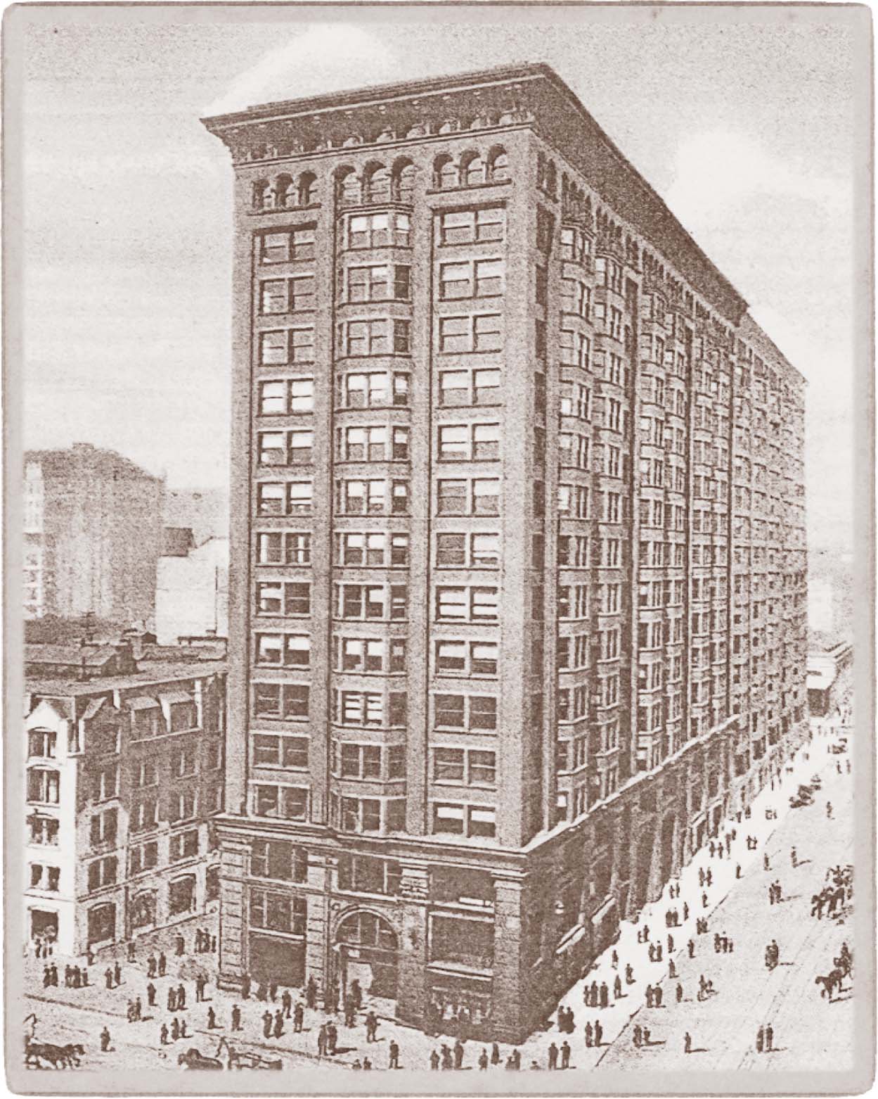 An old black and white photograph of a skyscraper building.
