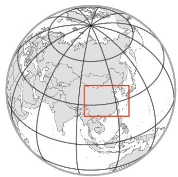 A globe outline displaying continents with a red rectangle highlighting a region in central asia.