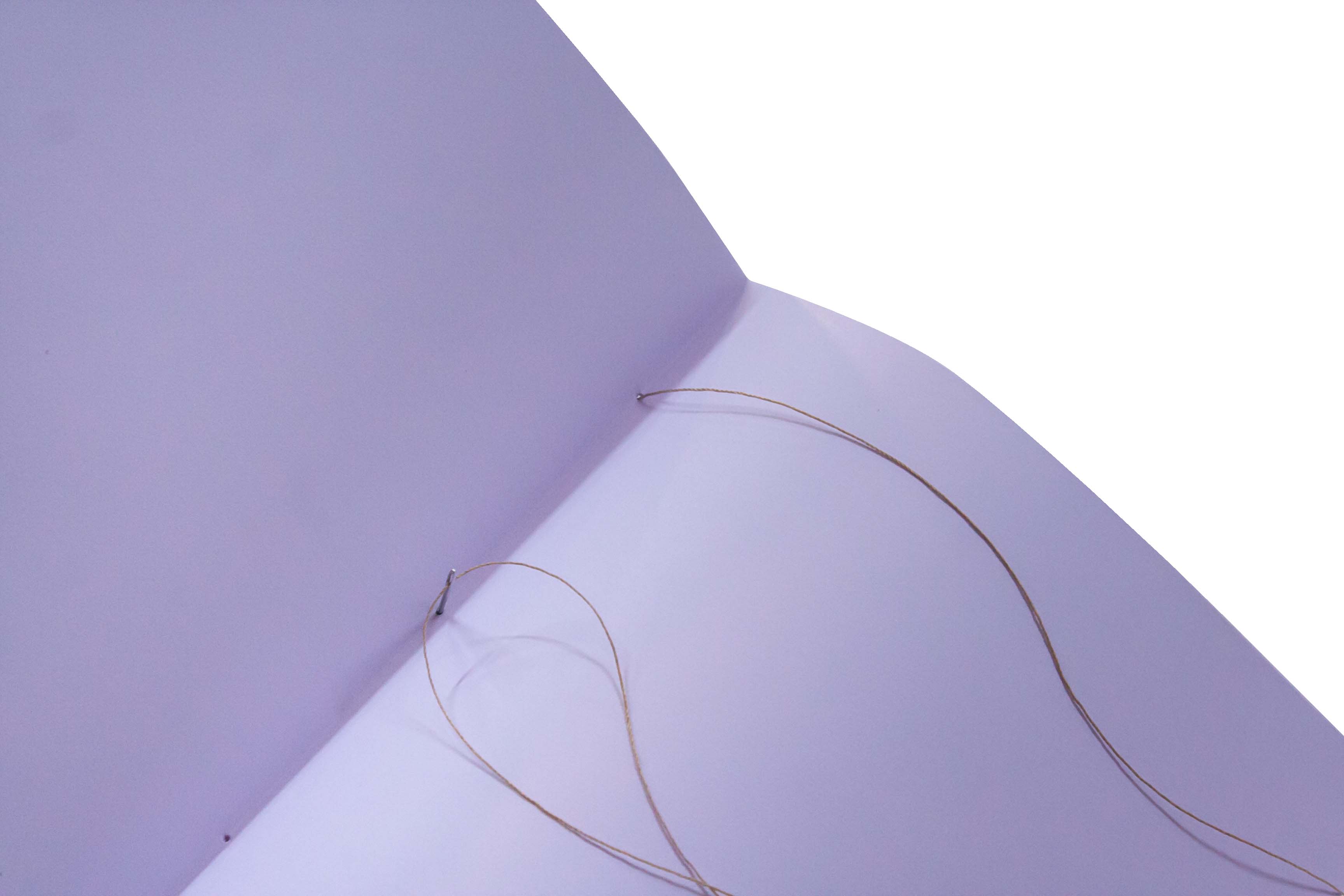 Bookbinding. White paper with a crease and two strands of thread against a plain background.