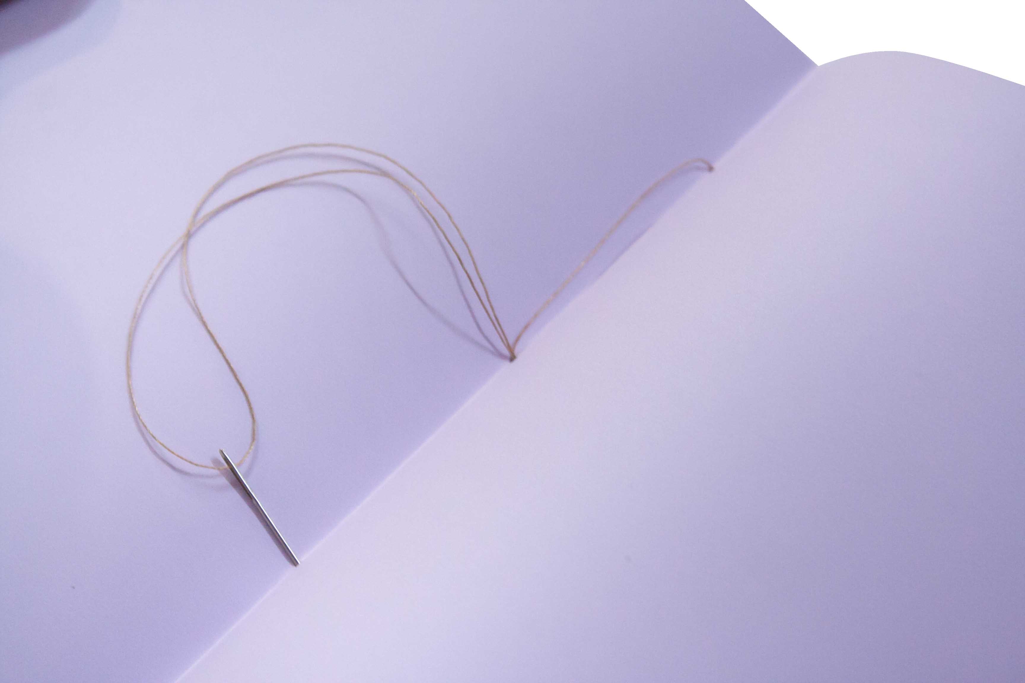 Bookbinding. A needle with thread on an open blank book.