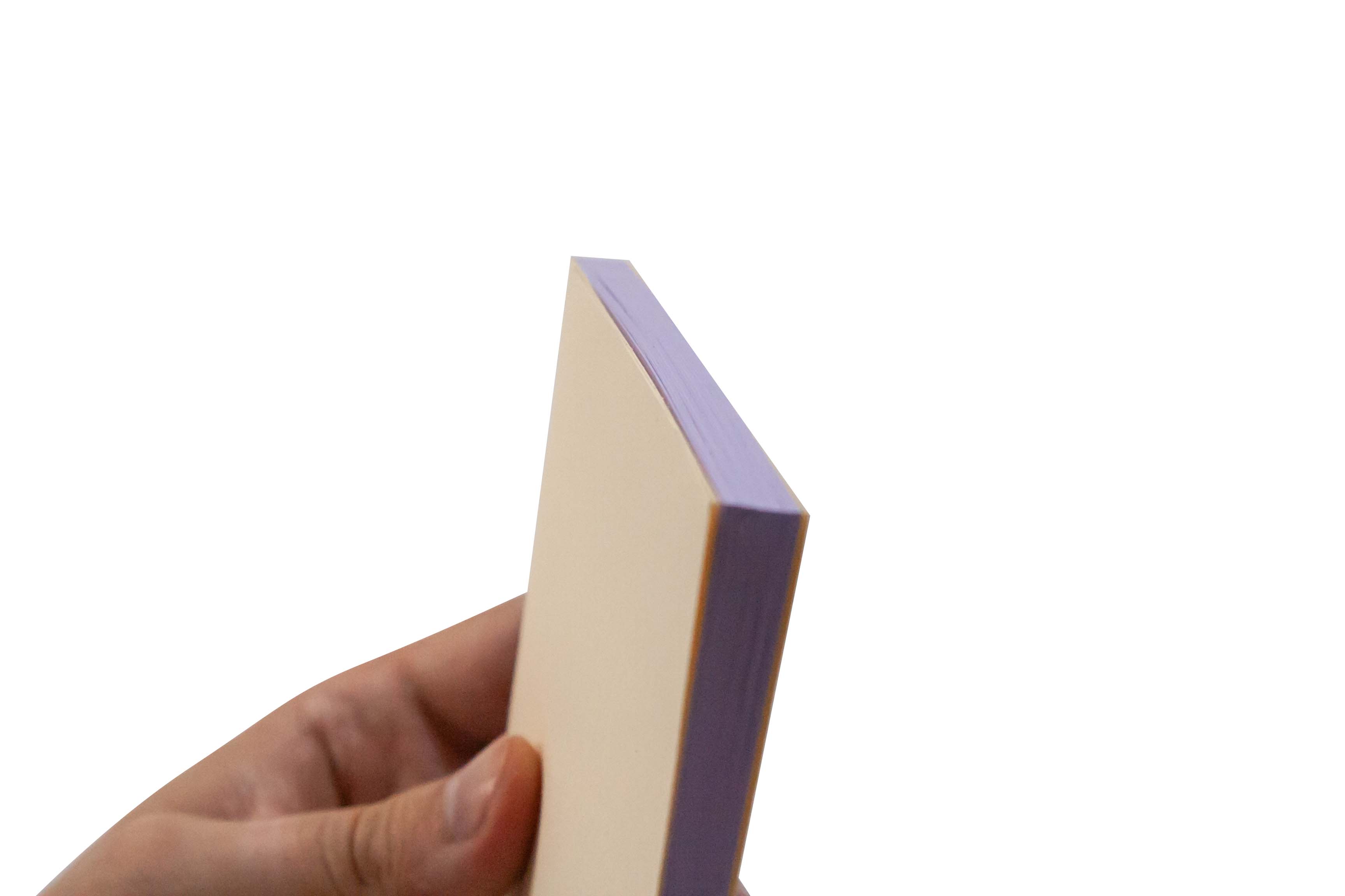 A hand holding a closed book with a purple cover against a white background.